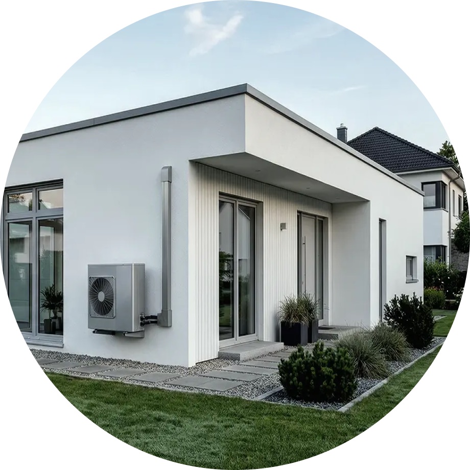 Modernes Einfamilienhaus mit Außengerät einer Lüftungsanlage