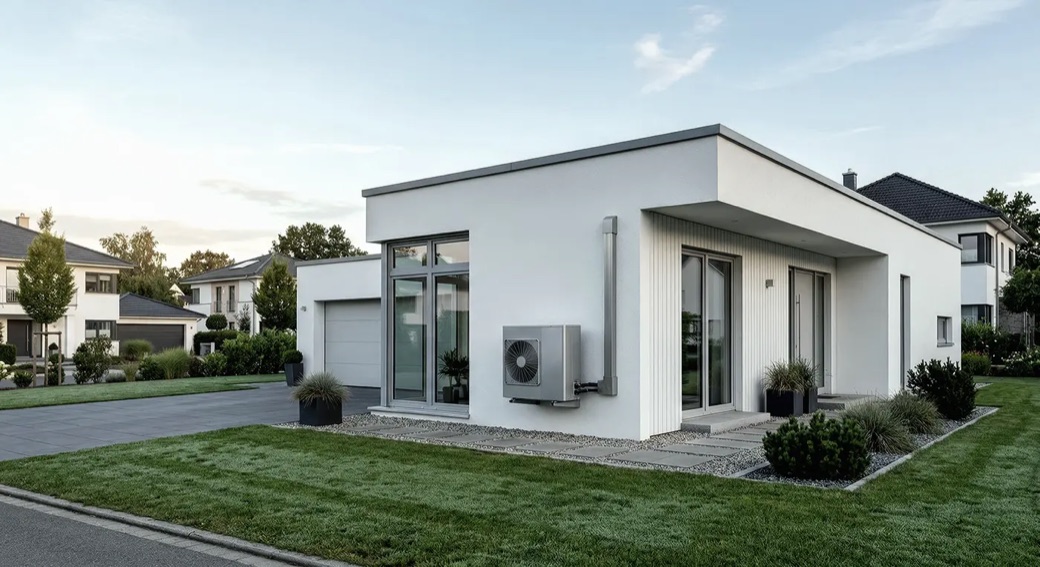 Modernes Einfamilienhaus mit installierter Lüftungstechnik