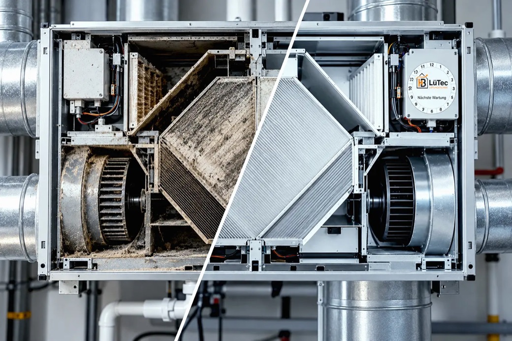 Geöffnetes Lüftungsgerät mit Wärmetauscher bei der Reinigung